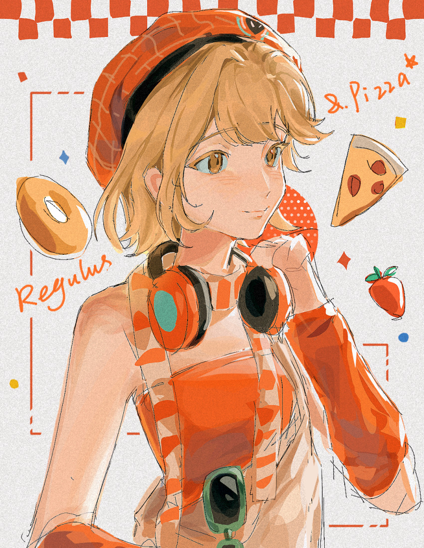 1girl, arm_warmers, bare_shoulders, beret, brown_hair, donut, eyewear_hang, food, grey_background, hand_on_headphones, hat, headphones, headphones_around_neck, highres, looking_ahead, luanbu, official_alternate_costume, orange_eyes, overall_skirt, pizza, pizza_slice, red_arm_warmers, red_hat, red_tube_top, regulus_(pizza_hut)_(reverse:1999), regulus_(reverse:1999), reverse:1999, short_hair, skirt, smile, solo, strap_slip, strapless, sunglasses, tube_top, unworn_eyewear, upper_body, white_skirt