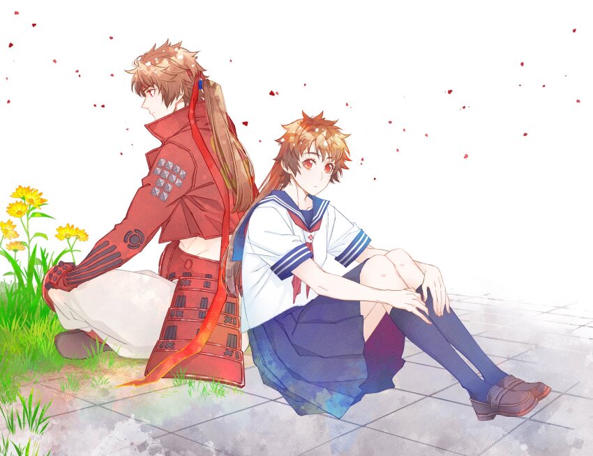 1boy, 1girl, alternate_universe, blue_sailor_collar, blue_skirt, brown_hair, contemporary, cropped_jacket, dual_persona, expressionless, flower, genderswap, genderswap_(mtf), headband, highres, indian_style, jacket, kneehighs, loafers, long_hair, looking_ahead, low_ponytail, neckerchief, pants, pleated_skirt, ponytail, red_eyes, red_headband, red_jacket, red_neckerchief, sailor_collar, sanada_yukimura_(sengoku_basara), sawa12sss, school_uniform, sengoku_basara, serafuku, shirt, shoes, sitting, skirt, socks, variant_set, white_background, white_pants, white_shirt