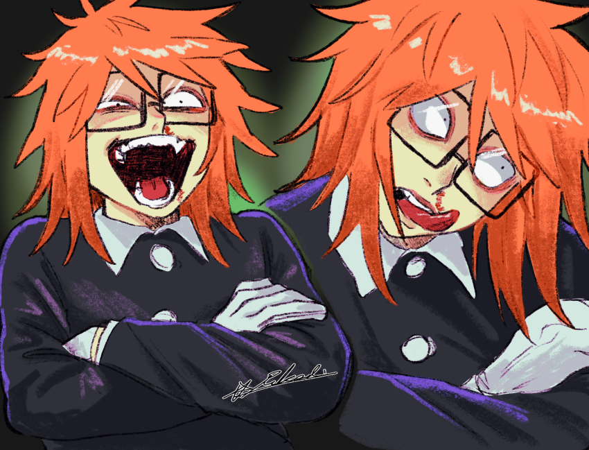 1boy, black_background, black_jacket, blood, commentary_request, crossed_arms, eihrdgyybnq6aiw, fang