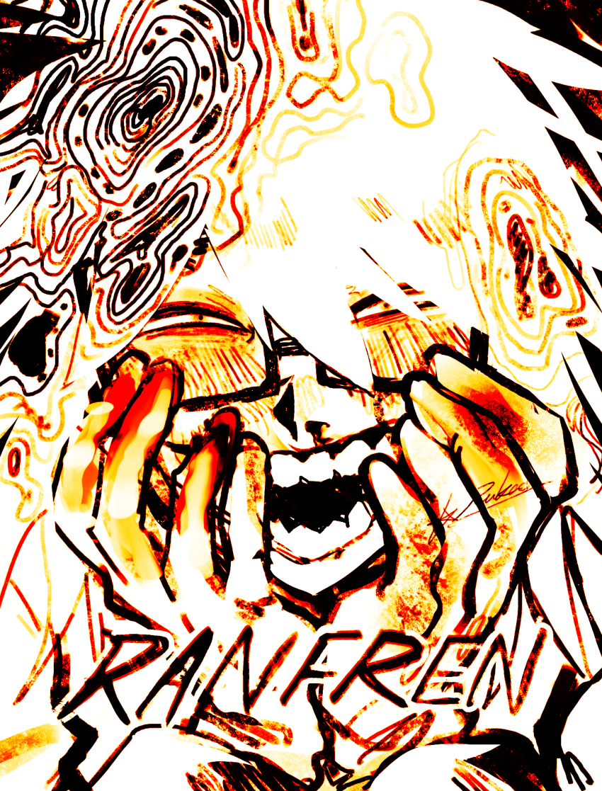 1boy, eihrdgyybnq6aiw, glasses, hands_on_own_face, highres, looking_at_viewer, male_focus, open_mouth, randal's_friends, randal_ivory, short_hair, solo, white_hair