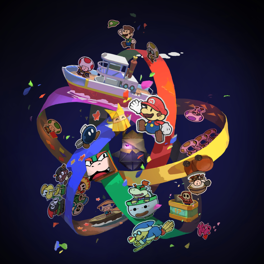 2boys, arm_up, large_nose, birdo, black_eyes, blue_background, blue_overalls, boat