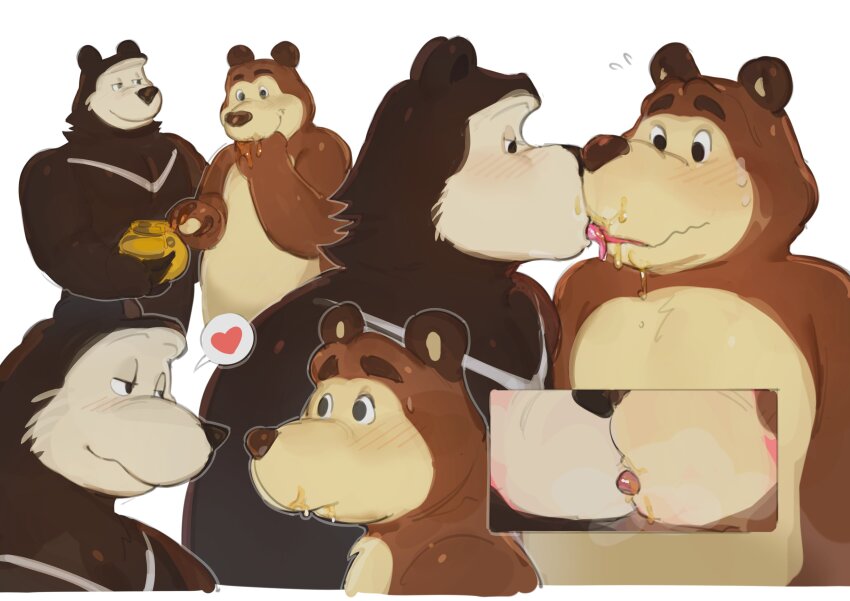 1kogito1, 2boys, absurdres, animal_ears, bara, bear_(masha_and_the_bear), bear_boy, bear_ears, blush, brown_fur, claws, commentary, eating, english_commentary, flying_sweatdrops, french_kiss, furry, furry_male, heart, highres, honey, honeypot, kiss, licking, licking_another's_face, licking_another's_lips, looking_at_another, male_focus, masha_and_the_bear, multiple_boys, multiple_views, rival_bear_(masha_and_the_bear), smile, spoken_heart, sweatdrop, white_background, yaoi