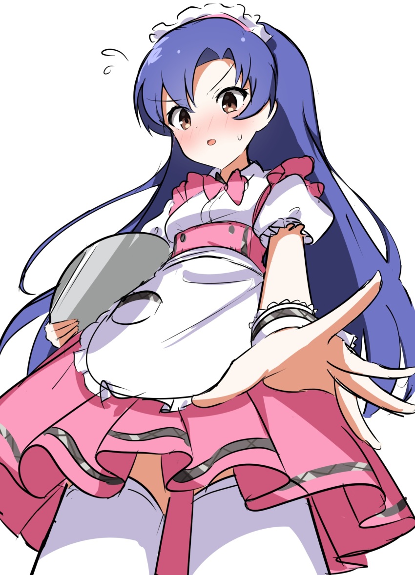 1girl, absurdres, alternate_costume, apron, blue_hair, blush, bow, bowtie, breasts, brown_eyes, candy36544, commentary, cowboy_shot, dress, enmaided, flying_sweatdrops, frilled_apron, frills, from_below, highres, holding, holding_tray, idolmaster, idolmaster_(classic), idolmaster_million_live!, idolmaster_million_live!_theater_days, kisaragi_chihaya, long_hair, looking_at_viewer, maid, maid_apron, maid_headdress, official_alternate_costume, open_mouth, perspective, pink_bow, pink_bowtie, pink_dress, pretty_waitress_(idolmaster), puffy_short_sleeves, puffy_sleeves, short_sleeves, simple_background, small_breasts, solo, standing, sweatdrop, untranslatable_commentary, thighhighs, tray, waist_apron, waitress, white_apron, white_background, white_headdress, white_thighhighs, white_wrist_cuffs, wrist_cuffs