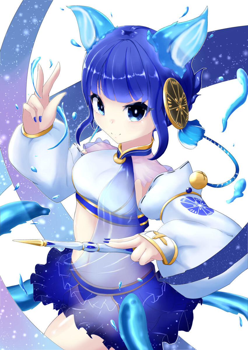 1girl, absurdres, animal_ears, ballerina, blue_nails, braid, breasts, cane, cat_ears, cat_girl, cat_tail, closed_mouth, covered_navel, detached_sleeves, duel_monster, food-themed_hair_ornament, hair_ornament, highres, holding, holding_cane, large_breasts, looking_at_viewer, midriff, miniskirt, nail_polish, ni-ni_the_mirror_mikanko, nontraditional_miko, shoku_(nemurito), short_hair, simple_background, skirt, smile, solo, tail, white_background, yu-gi-oh!