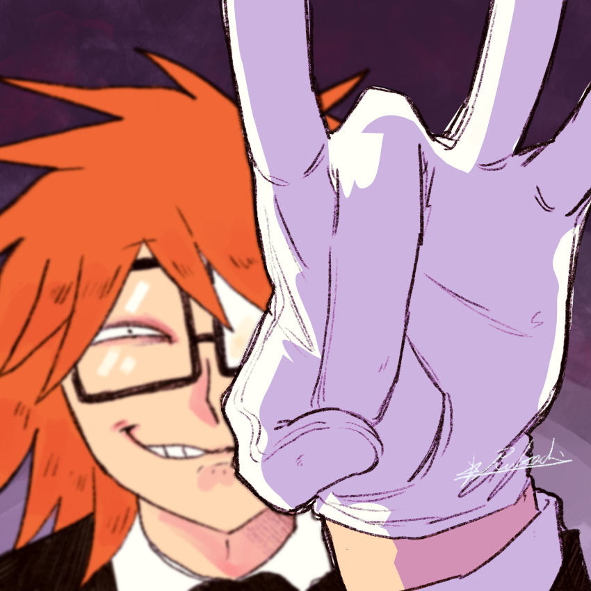 1boy, commentary_request, eihrdgyybnq6aiw, flick, forehead_flick, glasses, gloves, grin