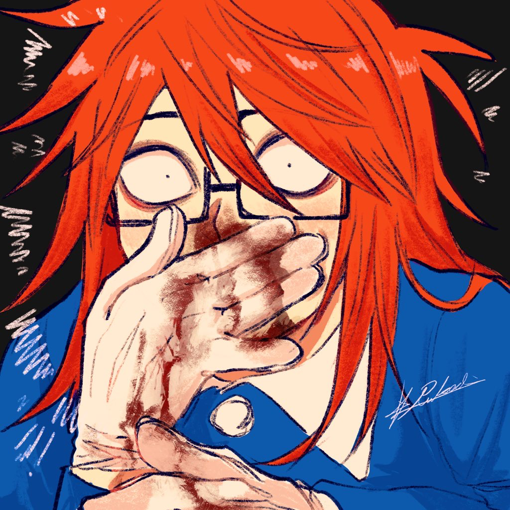 1boy, black_background, blood, blood_on_hands, commentary_request, covering_own_mouth, eihrdgyybnq6aiw, glasses, gloves, long_hair, looking_at_viewer, male_focus, nosebleed, orange_hair, randal's_friends, randal_ivory, solo, white_gloves