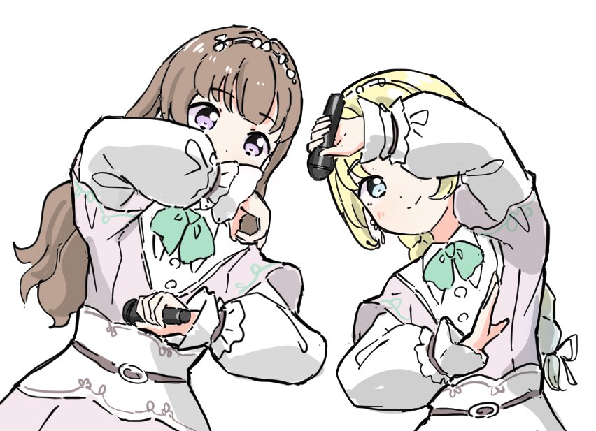 2girls, arm_up, blonde_hair, blue_eyes, blue_hair, bow, bowtie, braid