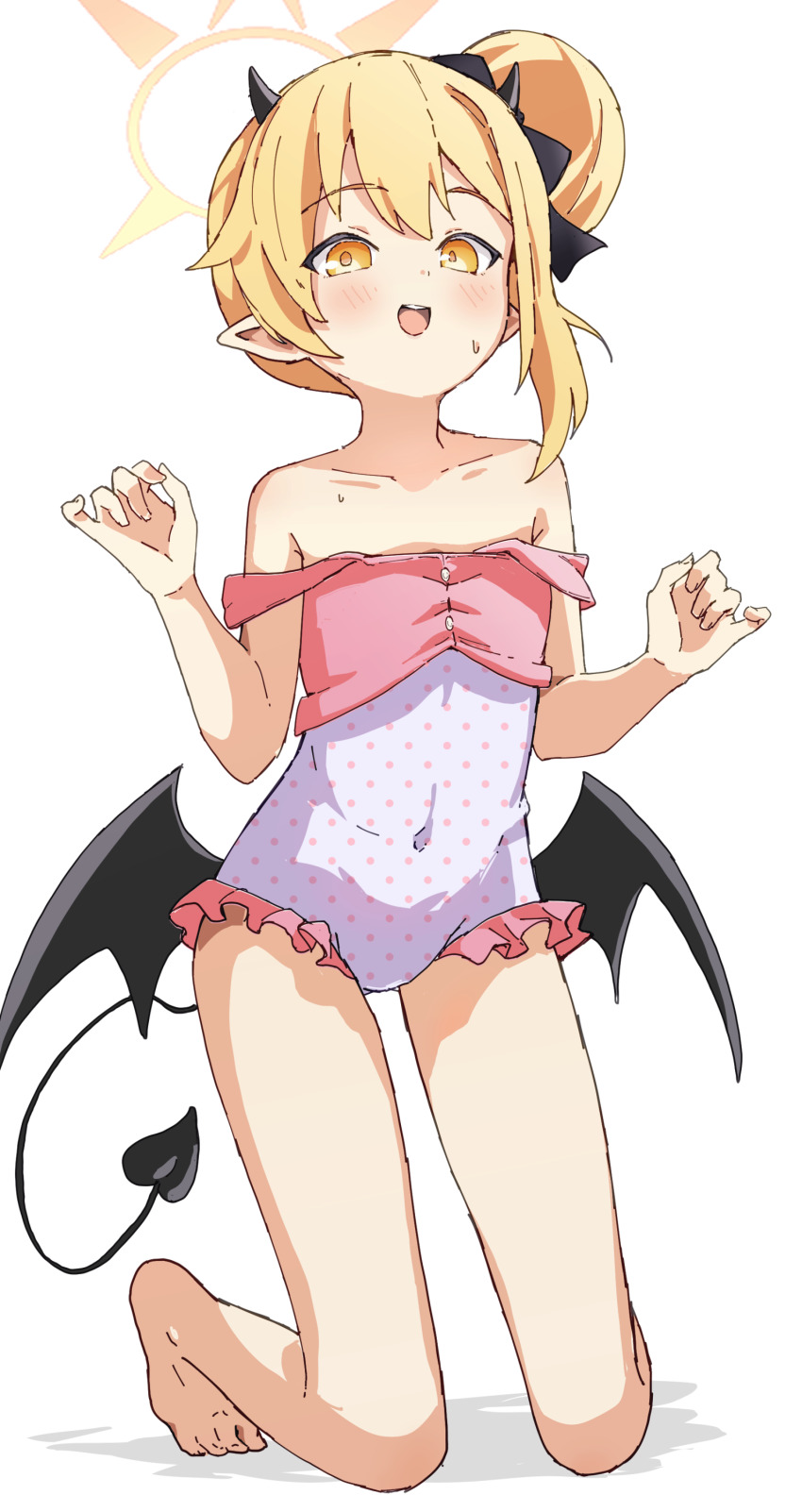 1girl, absurdres, asymmetrical_hair, barefoot, black_horns, black_tail, black_wings, blonde_hair