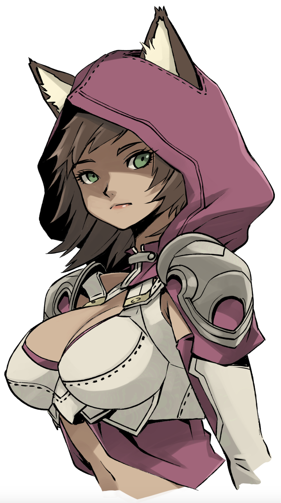 1girl, animal_ears, armor, breasts, brown_hair, cat_ears, cat_girl, chloe_(wizardry), cleavage, gloves, green_eyes, grey_armor, highres, hood, hood_up, large_breasts, looking_at_viewer, midriff, muramasa_mikado, navel, purple_hood, purple_shirt, shirt, short_hair, shoulder_armor, standing, upper_body, white_background, white_gloves, wizardry, wizardry_variants_daphne