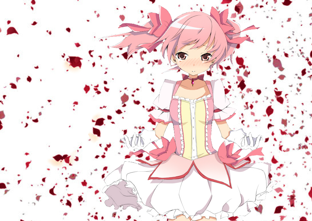 10s, 1girl, bad_id, bad_pixiv_id, colorized, dress, female_focus, gloves, kaname_madoka, kaname_madoka_(magical_girl), mahou_shoujo_madoka_magica, mahou_shoujo_madoka_magica_(anime), natsuki_yuu_(minamino_tsuki), orange_eyes, petals, pink_hair, ruruan_(piitan), short_hair, solo, supatoro_(02260913), tears, twintails