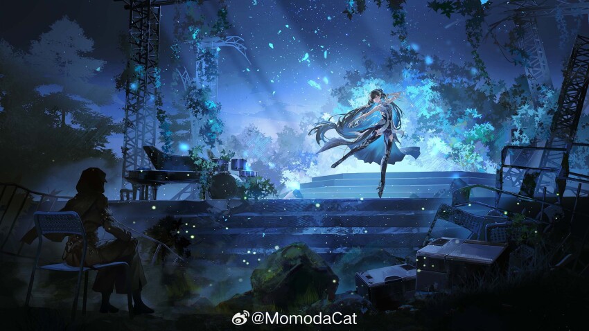 1girl, 1other, black_coat, black_dress, black_hair, chair, character_request, closed_eyes