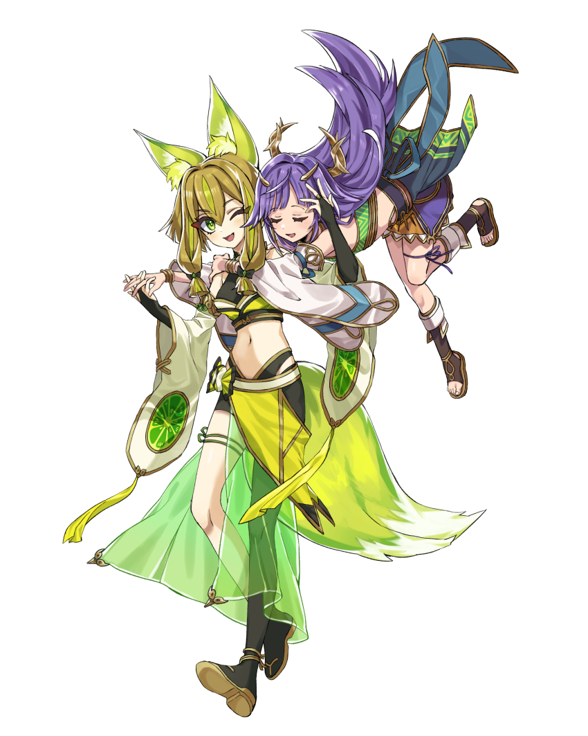 2girls, absurdres, animal_ear_fluff, animal_ears, asymmetrical_legwear, blonde_hair, braid, breasts