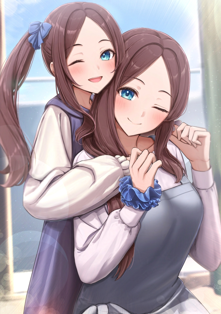 2girls, blue_bow, blue_eyes, blush, bow, breasts, brown_hair, closed_mouth