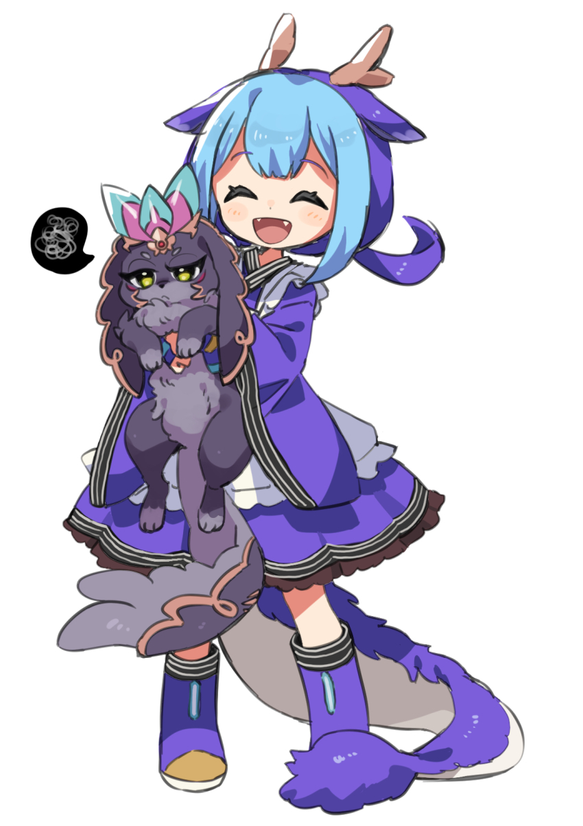 annoyed, blue_hair, boots, closed_eyes, creature, dragon_girl, dragon_horns, dragon_tail