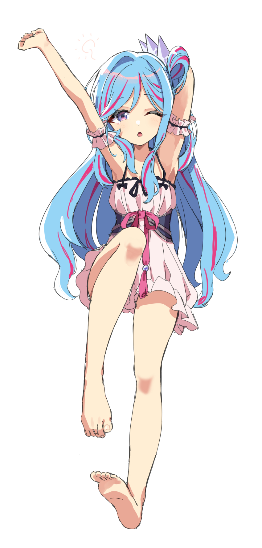 1girl, absurdres, aqua_hair, armpits, barefoot, blue_hair, dress, duel_monster