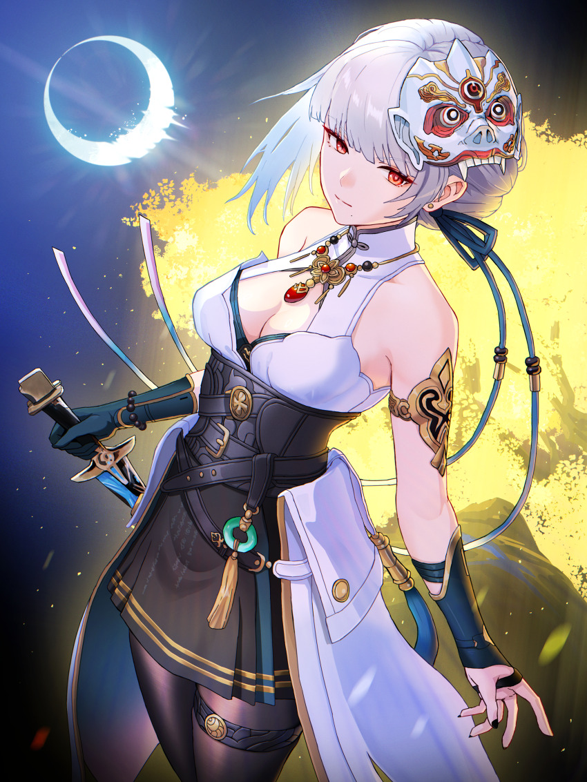 1girl, absurdres, bare_shoulders, black_pantyhose, black_skirt, breasts, cleavage, closed_mouth