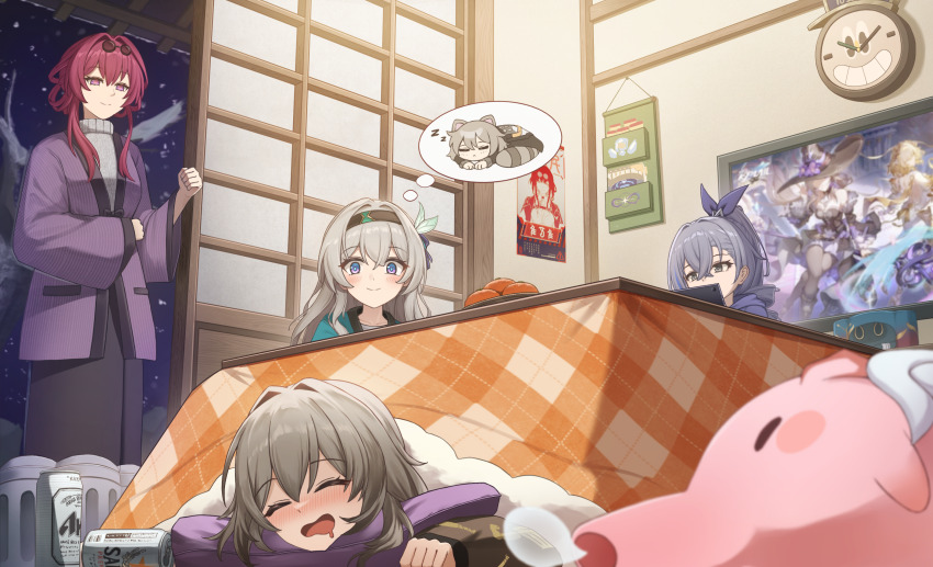 4girls, aglaea_(honkai:_star_rail), alternate_costume, black_hairband, commentary_request, crossed_bangs, drill_hair, eyewear_on_head, firefly_(honkai:_star_rail), grey_eyes, grey_hair, hair_between_eyes, hairband, herta_(honkai:_star_rail), highres, honkai:_star_rail, honkai_(series), jacket, kafka_(honkai:_star_rail), kotatsu, long_hair, multiple_girls, official_art_inset, open_mouth, pillow, pla0658, purple_eyes, purple_hair, purple_jacket, shouji, silver_wolf_(honkai:_star_rail), sliding_doors, smile, snow, speech_bubble, stelle_(honkai:_star_rail), sweater, table, television, the_herta_(honkai:_star_rail), thought_bubble, three-quarter_sleeves, trailblazer_(honkai:_star_rail), turtleneck, turtleneck_sweater, tuskpir_(honkai:_star_rail), winter