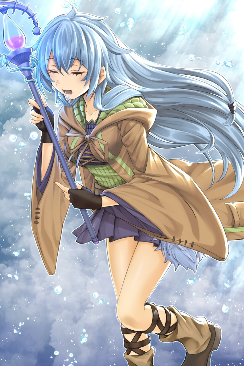 1girl, ahoge, blue_hair, breasts, brown_coat, closed_eyes, coat, duel_monster