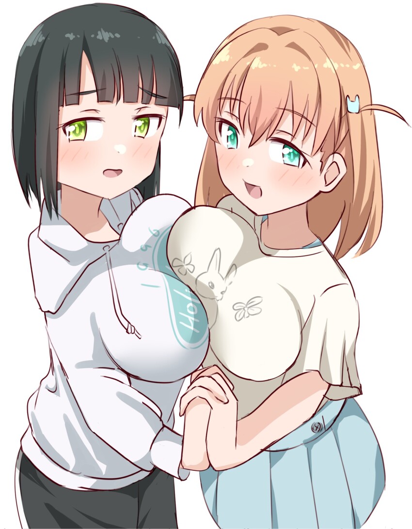 2girls, :d, asymmetrical_docking, black_footwear, black_hair, blue_skirt, blunt_bangs, blunt_ends