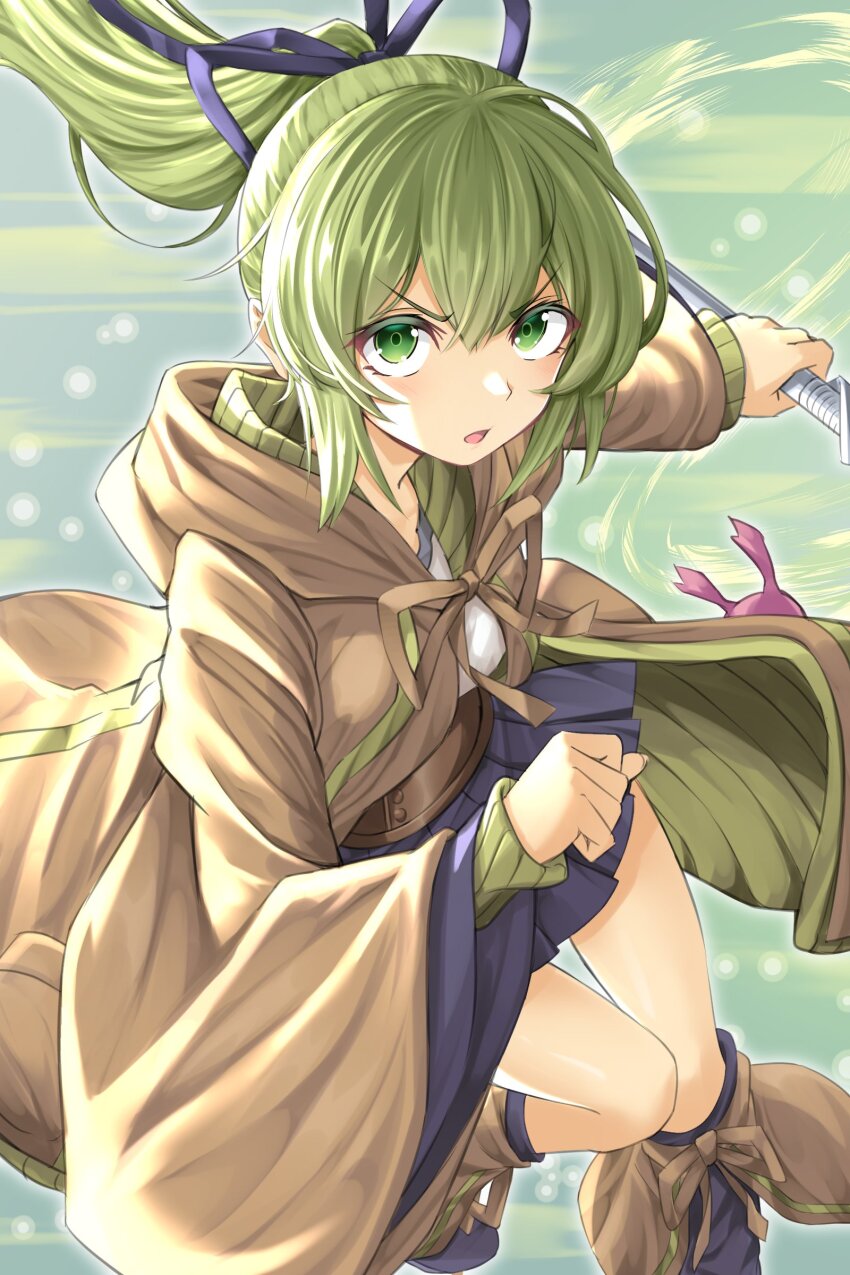 1girl, absurdres, brown_coat, coat, duel_monster, dynamic_pose, green_eyes, green_hair