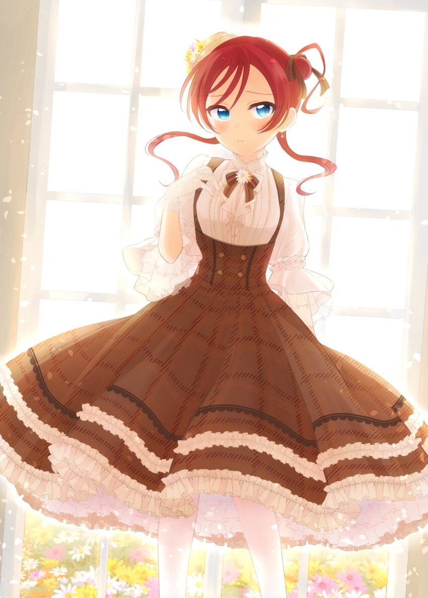 1girl, alternate_costume, backlighting, blue_eyes, blush, brown_ribbon, brown_skirt, closed_mouth