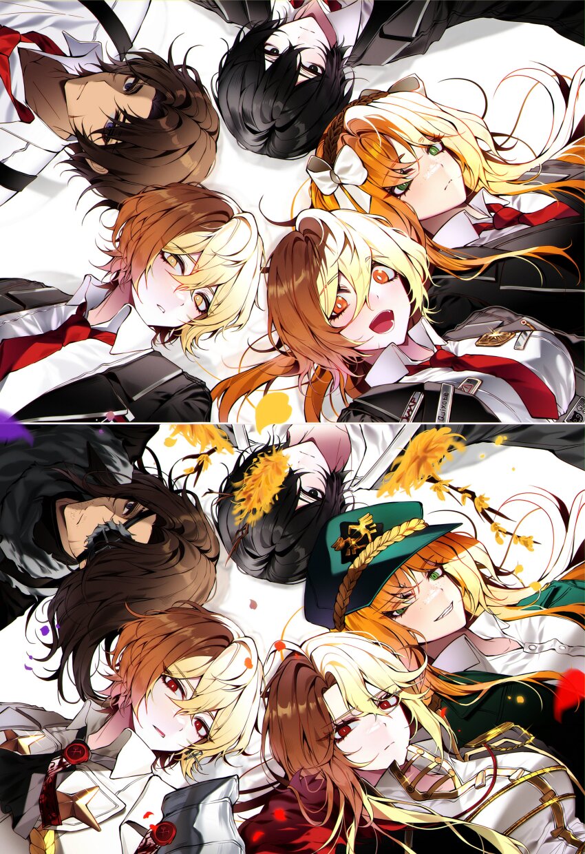 2girls, 3boys, absurdres, ahoge, black_eyes, black_hair, blonde_hair, brown_hair