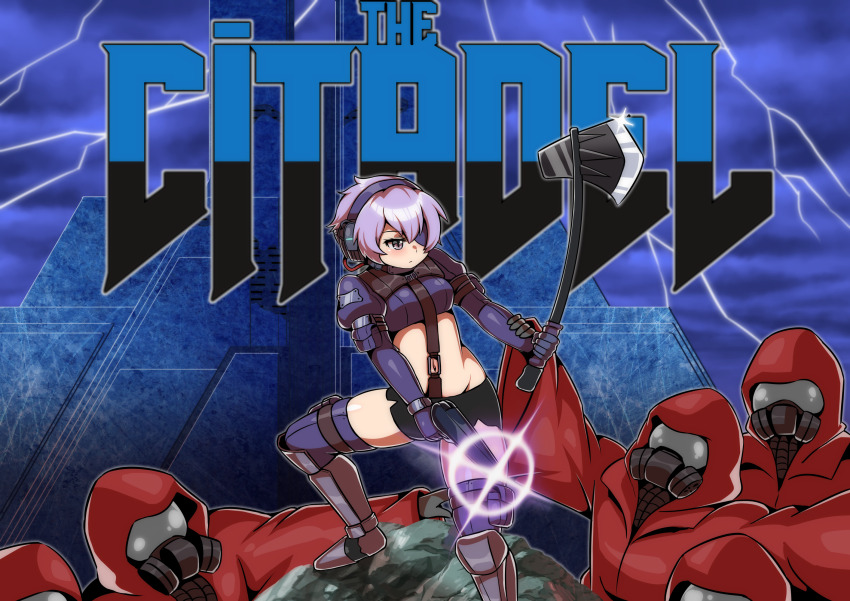 6+girls, aiming, alternate_costume, axe, black_shorts, blush, breasts, cloud, cloudy_sky, cover, crop_top, cyborg, doom_(series), doom_cover_parody, english_text, expressionless, eyepatch, face_mask, female_focus, fiverr_commission, foot_out_of_frame, full_body, gloves, grabbing_another's_arm, gun, handgun, headset, highres, holding, holding_axe, holding_gun, holding_weapon, ivanwind, lens_flare, lightning, long_sleeves, looking_at_another, looking_down, martyr_(the_citadel), mask, matching_hair/eyes, midriff, multiple_girls, navel, nbc_suit, one_eye_covered, outstretched_arm, outstretched_arms, parody, pistol, purple_eyes, purple_gloves, purple_hair, purple_thighhighs, pyramid_(structure), revealing_clothes, rock, short_hair, short_shorts, shorts, sky, small_breasts, standing, style_parody, the_citadel, thighhighs, weapon, zettai_ryouiki