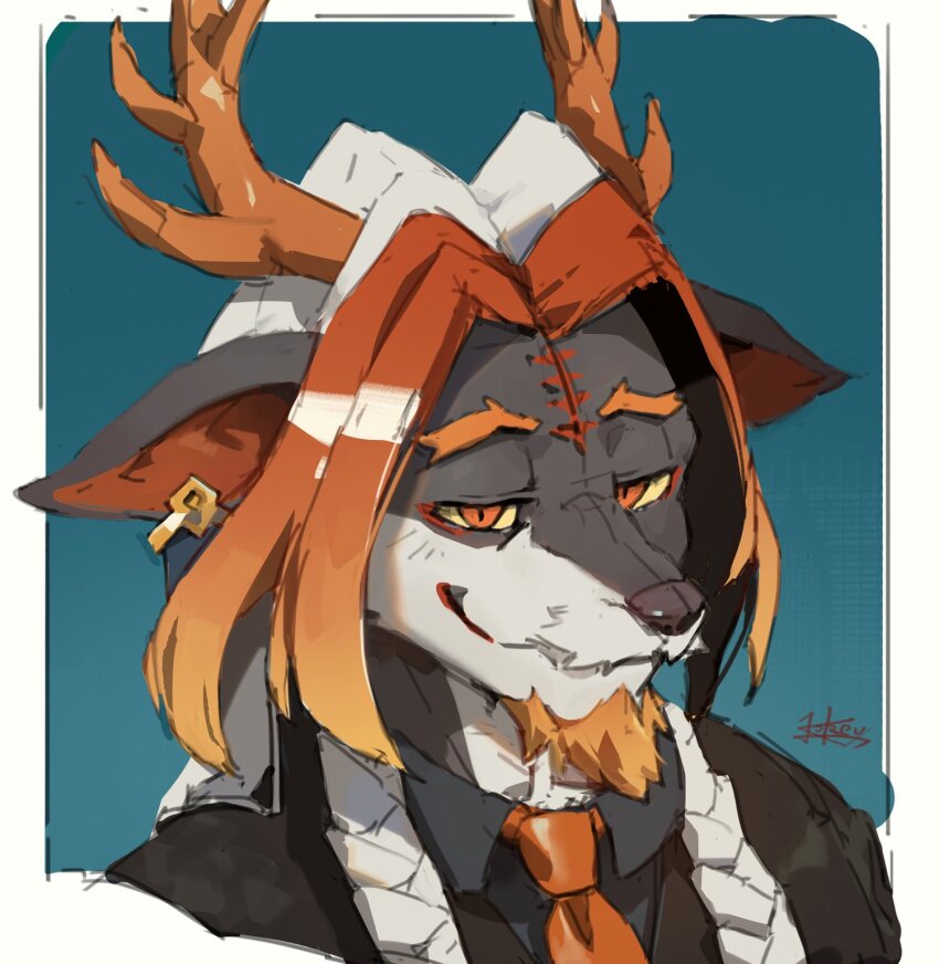 1boy, animal_ears, arknights, closed_mouth, dated_commentary, dragon_boy, dragon_ears, dragon_horns