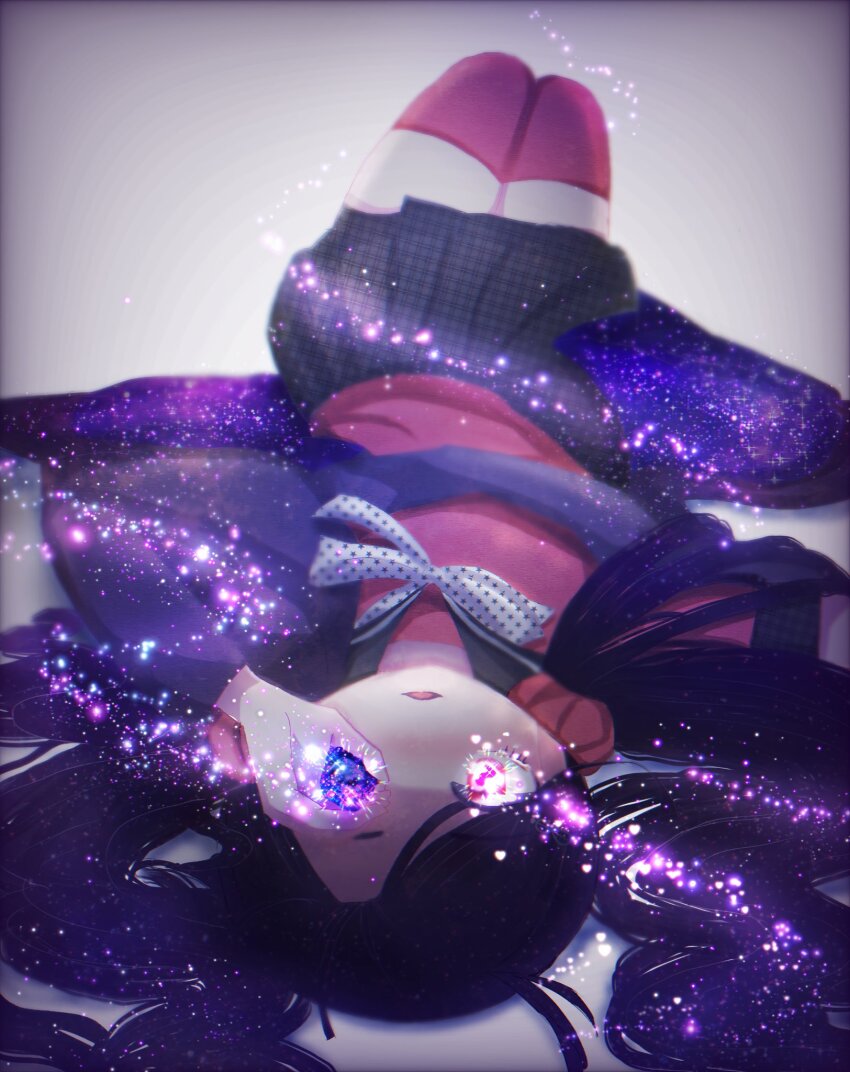 +_+, 1girl, :o, black_hair, black_thighhighs, bowtie, danganronpa_(series), danganronpa_v3:_killing_harmony