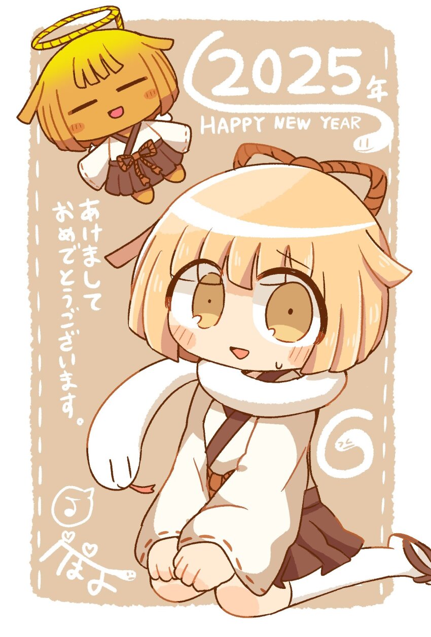 2025, 2girls, =_=, alternate_footwear, angel, brown_eyes, brown_skirt, chibi