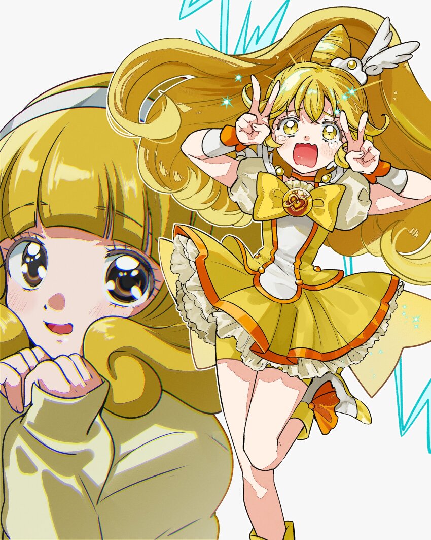 1girl, absurdres, arched_bangs, asako_(itiba), blonde_hair, boots, bow, brooch