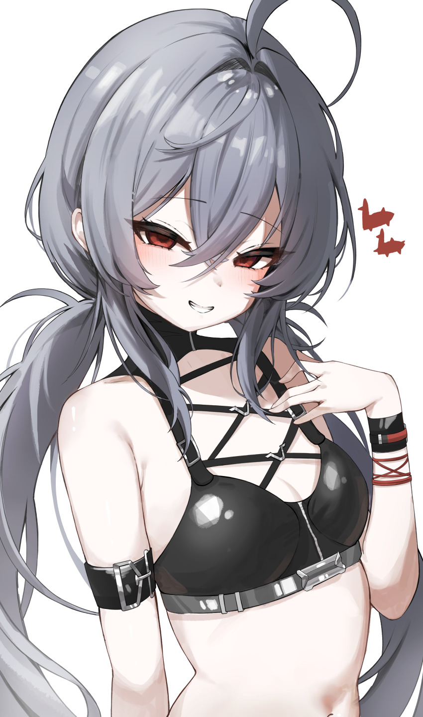 1girl, absurdres, ahoge, arm_belt, armpit_crease, bare_shoulders, black_shirt, black_survival, breasts, crop_top, dasi_(kwts3227), eternal_return:_black_survival, garnet_(black_survival), grey_hair, grin, hair_between_eyes, hand_up, highres, long_hair, looking_at_viewer, low_twintails, midriff, navel, red_eyes, shirt, simple_background, sleeveless, sleeveless_shirt, small_breasts, smile, solo, stomach, twintails, upper_body, very_long_hair, white_background