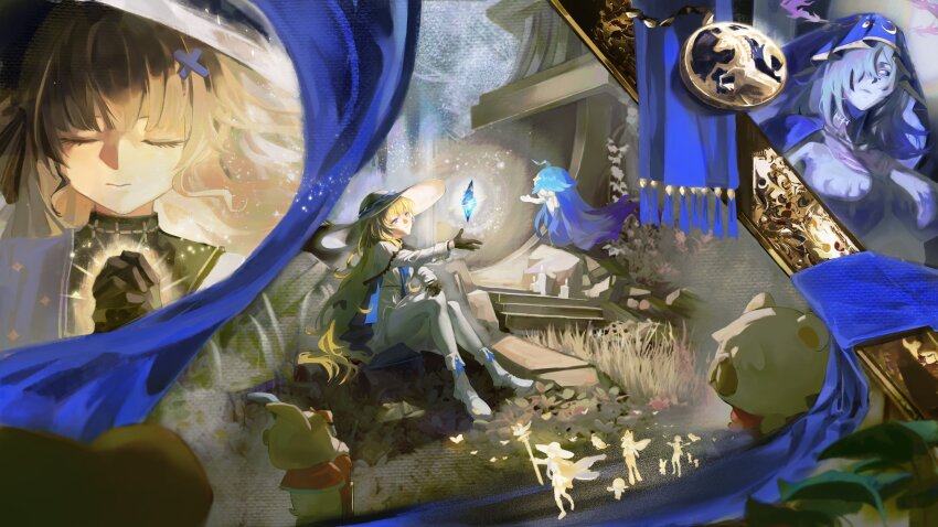 3girls, absurdres, ahoge, black_gloves, blonde_hair, blue_hair, blue_skin, blue_veil