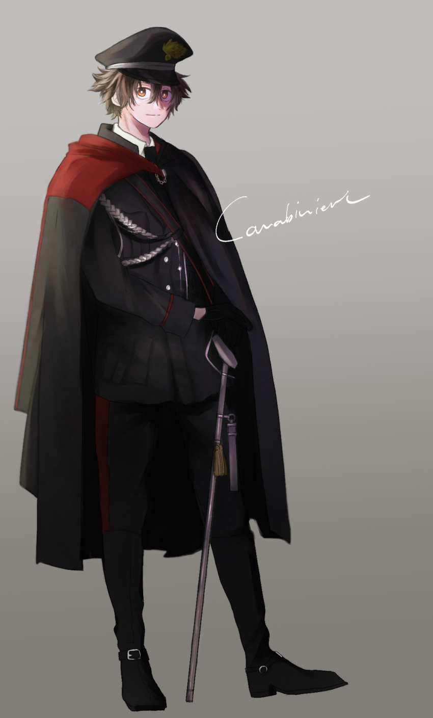 1boy, aiguillette, black_footwear, black_gloves, black_hat, black_jacket, black_pants, brown_hair, cane, cape, gloves, grey_background, hair_between_eyes, hat, highres, jacket, katekyo_hitman_reborn!, liptooooon1224, long_sleeves, male_focus, pants, red_eyes, sawada_tsunayoshi, solo