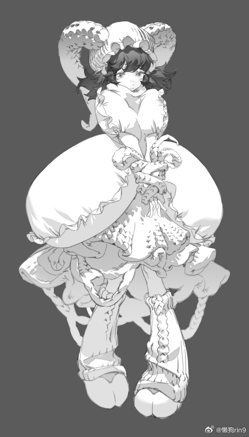 1girl, dress, full_body, goat_girl, goat_horns, greyscale, hat, hooves