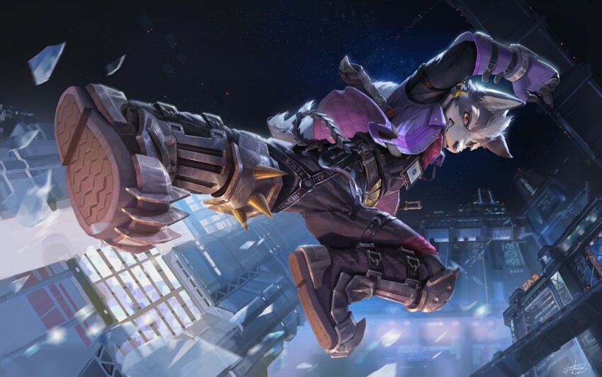 1boy, animal_ears, black_pants, cityscape, clawed_boots, clenched_teeth, eyepatch, fingerless_gloves, flying_kick, furry, furry_male, glass_shards, gloves, highres, i_lokey, jacket, kicking, male_focus, night, nintendo, pants, purple_gloves, purple_jacket, red_eyes, scar, scar_across_eye, scar_on_face, sky, spiked_kneepads, star_(sky), star_fox, tail, teeth, wolf_boy, wolf_ears, wolf_o'donnell, wolf_tail