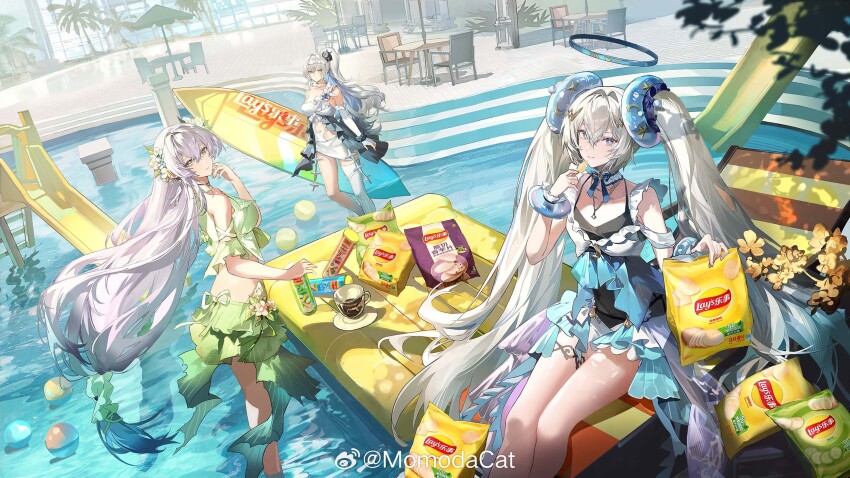 3girls, alpha_(pgr), bag, bag_of_chips, ball, beach_chair, bikini, blue_eyes