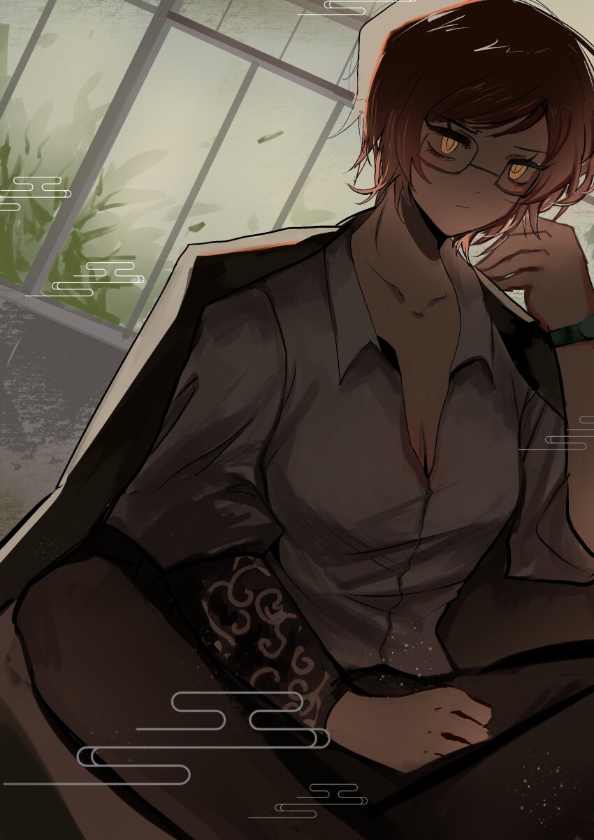 1girl, absurdres, arm_tattoo, breasts, brown_hair, cleavage, collared_shirt, egasumi