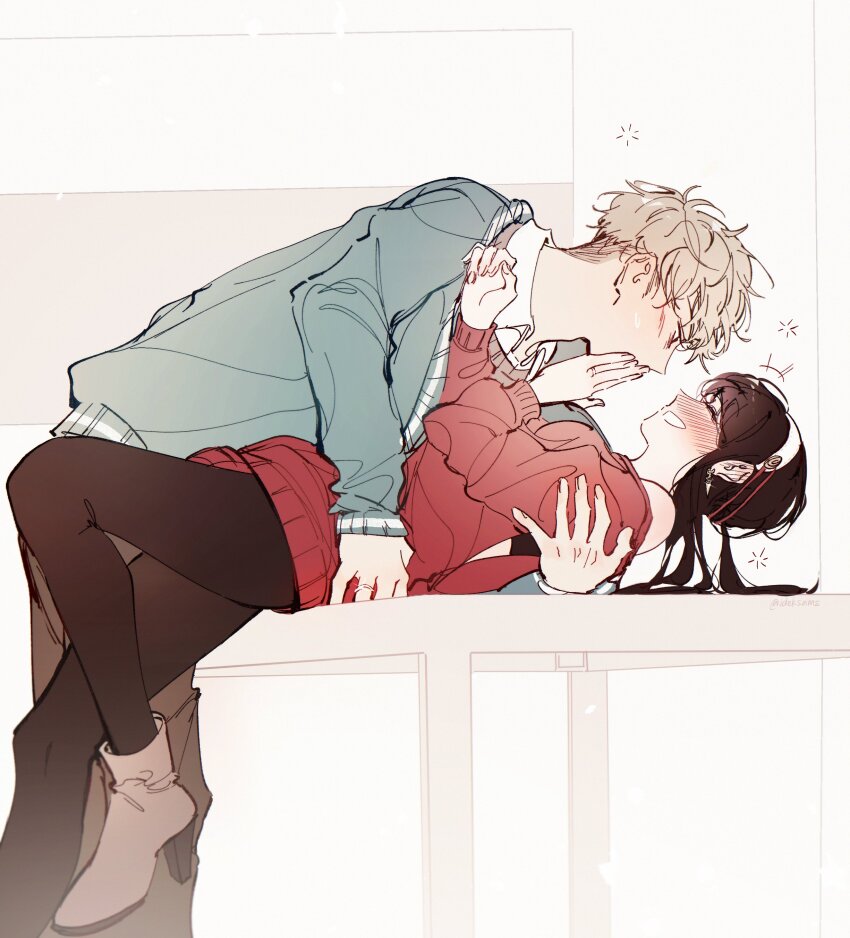 1boy, 1girl, ^_^, absurdres, black_hair, black_pantyhose, blonde_hair, boots