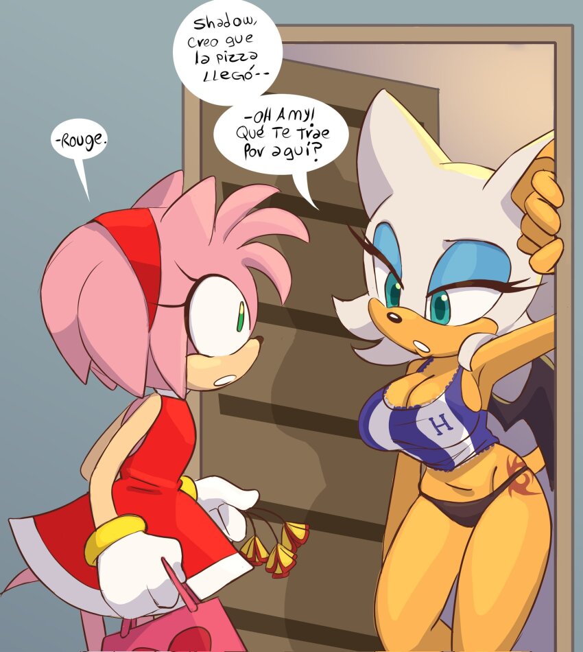 2girls, amy_rose, armpits, bat_wings, benshir125, black_panties, breasts, bursting_breasts, cleavage, furry, green_eyes, half-closed_eyes, highres, large_breasts, legs, medium_breasts, midriff, multiple_girls, navel, panties, parted_lips, rouge_the_bat, sega, sideboob, sonic_(series), spanish_text, tank_top, thighs, underwear, wings