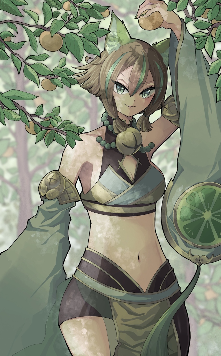 1girl, absurdres, animal_ears, arm_up, asymmetrical_legwear, bell, blonde_hair, blurry