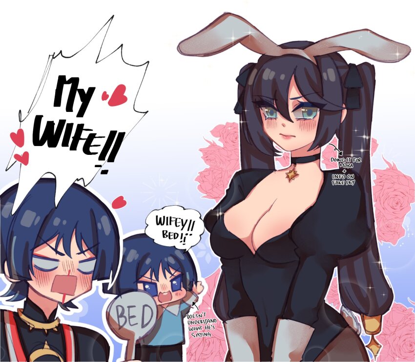 1girl, 2boys, alternate_costume, animal_ear_hairband, animal_ears, aqua_eyes, arm_up, black_bodysuit, black_bow, black_choker, black_hair, black_kimono, black_shorts, black_sleeves, blank_eyes, blood, blue_shirt, blue_sleeves, blunt_bangs, blunt_ends, blush, bodysuit, bow, brown_pantyhose, choker, closed_mouth, collared_shirt, couple, covered_navel, crotch, english_text, eyeliner, eyeshadow, fake_animal_ears, family, flower, genshin_impact, gold, hair_between_eyes, hair_bow, hairband, han'eri, heart, hetero, highleg, highres, husband_and_wife, if_they_mated, japanese_clothes, jewelry, juliet_sleeves, kimono, koviiy, layered_kimono, lens_flare, light_frown, lipgloss, long_hair, long_sleeves, looking_at_another, looking_at_viewer, makeup, mandarin_collar, mona_(genshin_impact), multiple_boys, neck_ring, nosebleed, open_clothes, open_kimono, open_mouth, pantyhose, pink_flower, pink_rose, ponytail_holder, puffy_sleeves, purple_eyes, purple_hair, rabbit_ear_hairband, rabbit_ears, red_eyeliner, red_eyeshadow, red_kimono, red_lips, rose, scaramouche_(genshin_impact), shirt, shorts, sidelocks, sparkle, star_(symbol), star_choker, teeth, twintails, upper_teeth_only, v-shaped_eyebrows, white_background, white_hairband, white_kimono