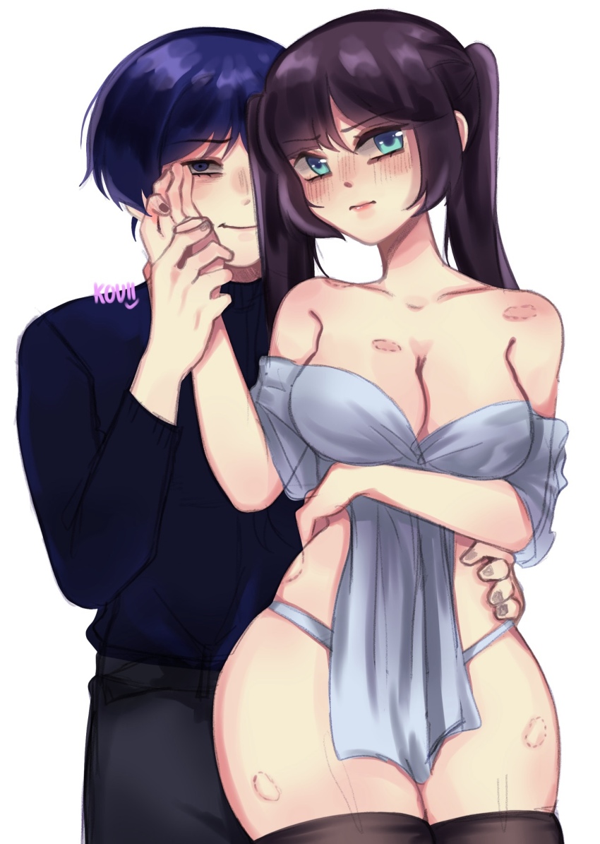 1boy, 1girl, alternate_costume, arm_under_breasts, armpit_crease, artist_name, bare_shoulders, bite_mark