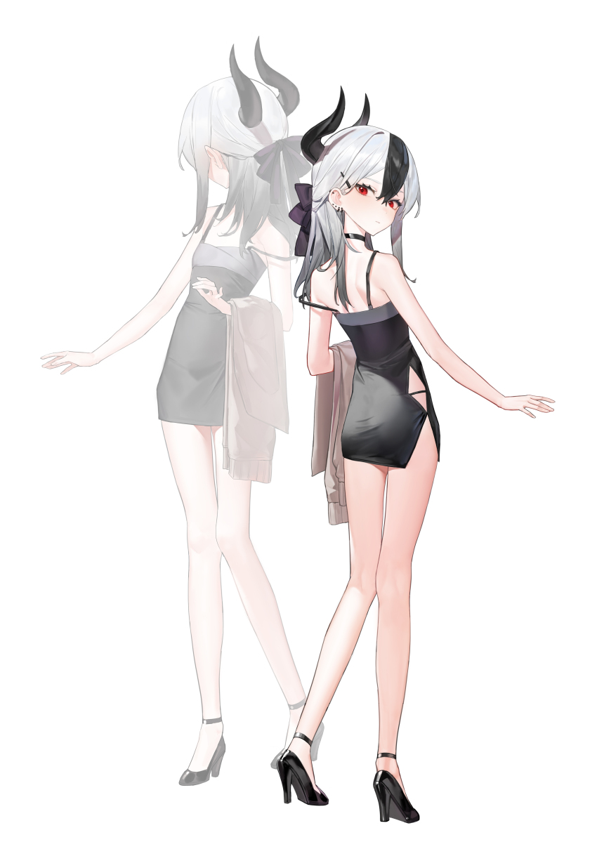 absurdres, ass, black_choker, black_dress, black_footwear, black_hair, black_horns, blue_archive