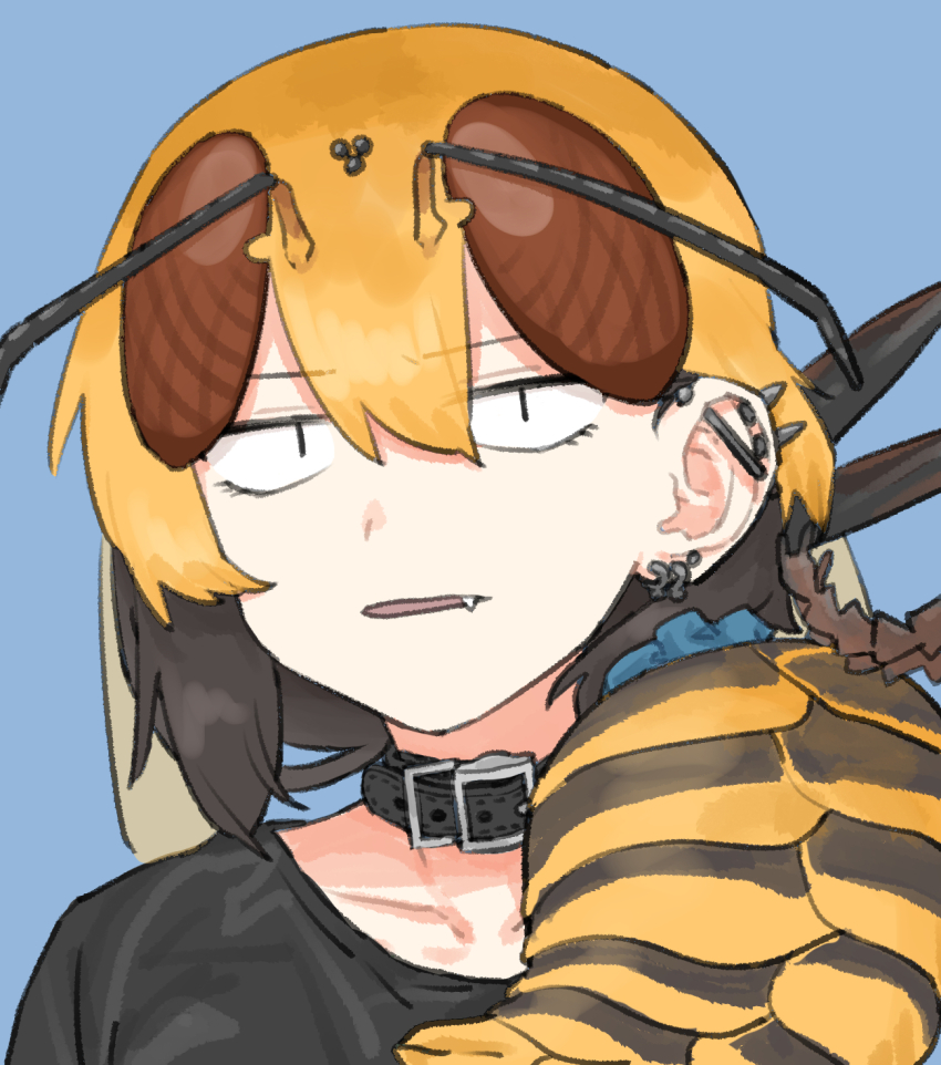 1girl, antennae, arthropod_girl, black_hair, blonde_hair, blurry, blurry_background, bug, choker, ear_piercing, extra_eyes, fang, hair_between_eyes, highres, hornet_suzuki, long_hair, matangom, multicolored_hair, nikushoku_jk_mantis_akiyama, piercing, punk, sanpaku, side_ponytail, simple_background, wasp, wasp_girl