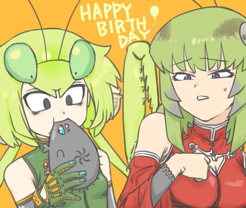 2girls, antennae, arthropod_girl, black_eyes, breasts, china_dress, chinese_clothes, cleavage, detached_sleeves, dress, extra_arms, extra_eyes, gloves, grasshopper_girl, grasshopper_inoue, green_hair, hair_between_eyes, happy_birthday, highres, long_hair, mantis_akiyama, mantis_girl, matangom, medium_breasts, multiple_girls, nikushoku_jk_mantis_akiyama, orange_background, short_hair, simple_background, small_breasts
