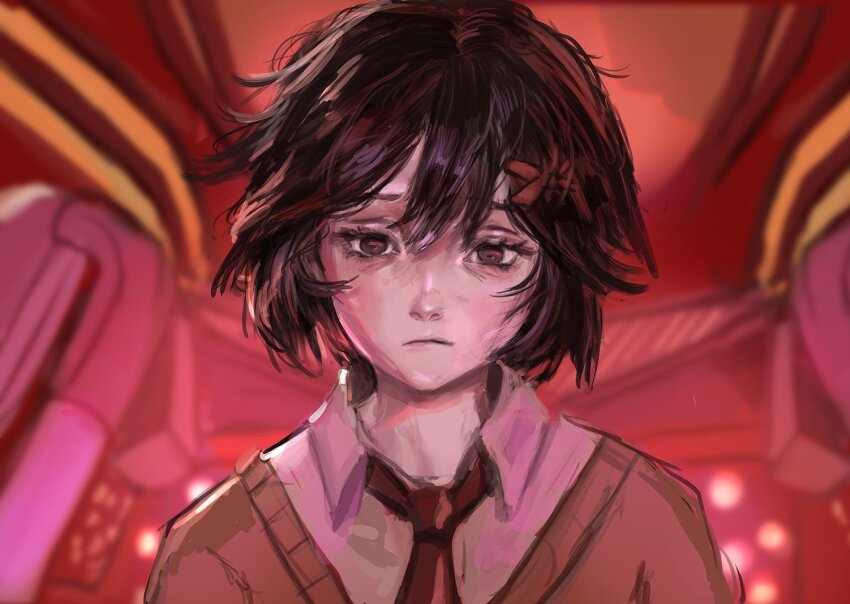 1girl, black_hair, blurry, blurry_background, brown_eyes, brown_sweater, closed_mouth, collared_shirt, commentary, english_commentary, hair_between_eyes, hair_ornament, hairpin, looking_at_viewer, marvel, necktie, peni_parker, red_necktie, sad, shirt, short_hair, solo, spider-man:_across_the_spider-verse, spider-man_(series), spider-verse, sweater, upper_body, whails, white_shirt