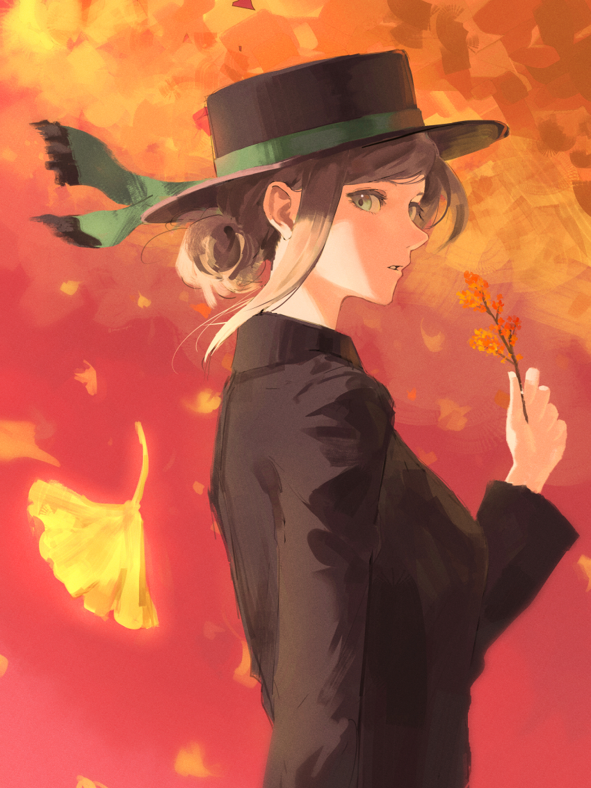 1girl, absurdres, amamiyadagashi, autumn_leaves, black_coat, black_hat, blue_bow, boater_hat