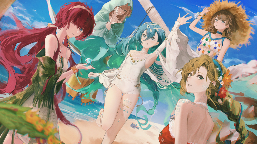 37_(down_in_the_grotto)_(reverse:1999), 37_(reverse:1999), 5girls, absurdres, adjusting_clothes, adjusting_headwear, amamiyadagashi, arm_up