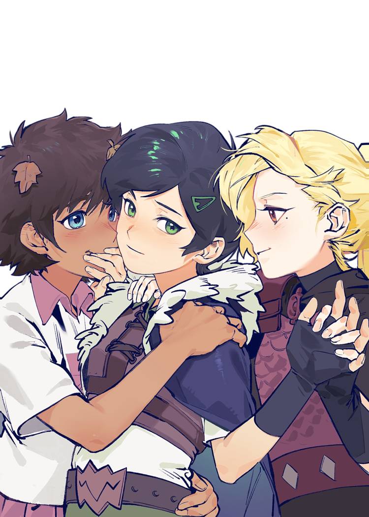 3girls, amphibia, anne_boonchuy, arm_around_another's_waist, armor, black_hair, blonde_hair, blue_eyes